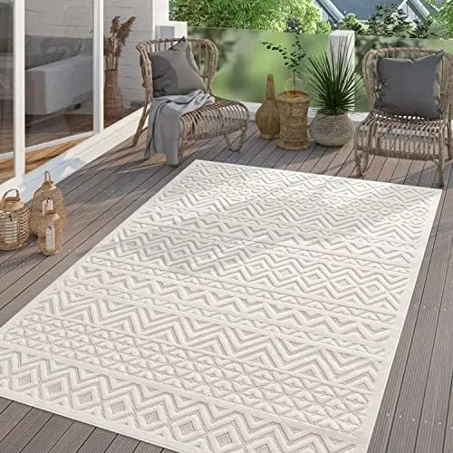 Produktbild: TT Home In-& Outdoor Teppich Wetterfest Balkon Küche Wohnzimmer Boho Skandi Design, Farbe:Creme, Größe:240x340 cm