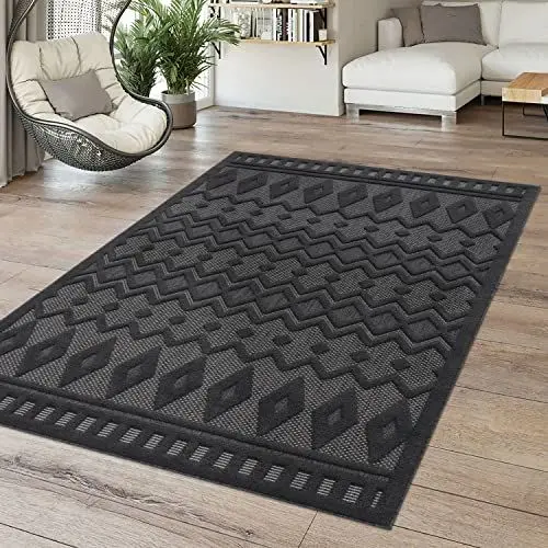 Produktbild: TT Home In-& Outdoor Teppich Wetterfest Balkon Küche Wohnzimmer Boho Skandi Design, Farbe: Dunkelgrau 3, Größe:80x150 cm