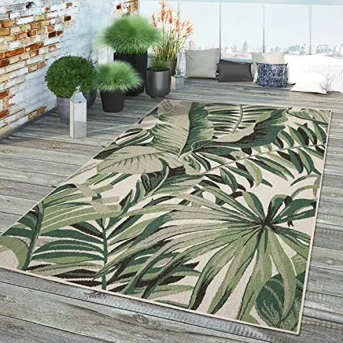 Produktbild: TT Home In-& Outdoor Teppich Wetterfest Balkon Küche Wohnzimmer Palmen Muster Modern, Farbe: Grün Beige, Größe:160x230 cm