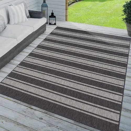 Produktbild: TT Home In-& Outdoorteppich Wetterfest Terrasse Geometrisches Design Gestreiftes Design, Farbe: Grau Anthrazit, Größe:80x150 cm