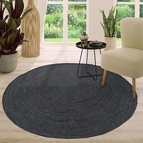 Produktbild: TT Home Jute Teppich Rund Wohnzimmer Esszimmer Boho Modern Handgemacht Mit Umrandung, Farbe:Anthrazit, Größe:120 cm Rund