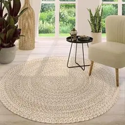 Produktbild: TT Home Jute Teppich Rund Wohnzimmer Esszimmer Boho Modern Handgemacht Mit Umrandung, Farbe:Beige, Größe:100 cm Rund