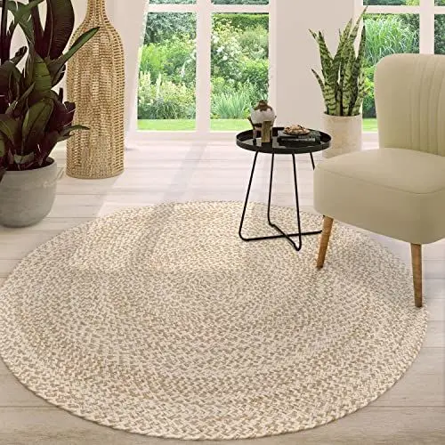 Produktbild: TT Home Jute Teppich Rund Wohnzimmer Esszimmer Boho Modern Handgemacht Mit Umrandung, Farbe:Beige, Größe:100 cm Rund
