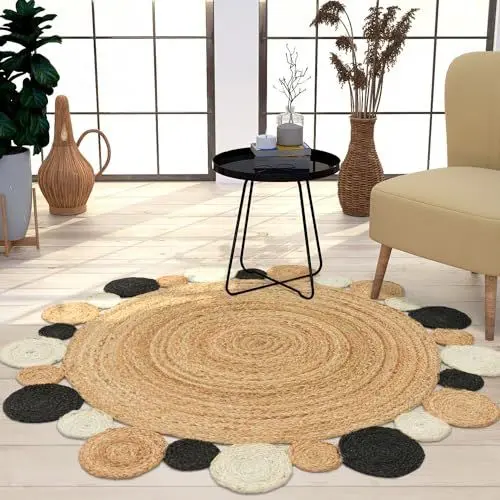 Produktbild: TT Home Jute Teppich Rund Wohnzimmer Esszimmer Boho Modern Handgemacht Mit Umrandung, Farbe:Schwarz, Größe:120 cm Rund