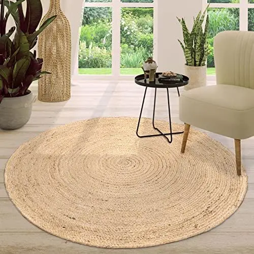 Produktbild: TT Home Jute Teppich Rund Wohnzimmer Esszimmer Boho Modern Handgemacht Mit Umrandung, Farbe: Elfenbein 2, Größe:120 cm Rund