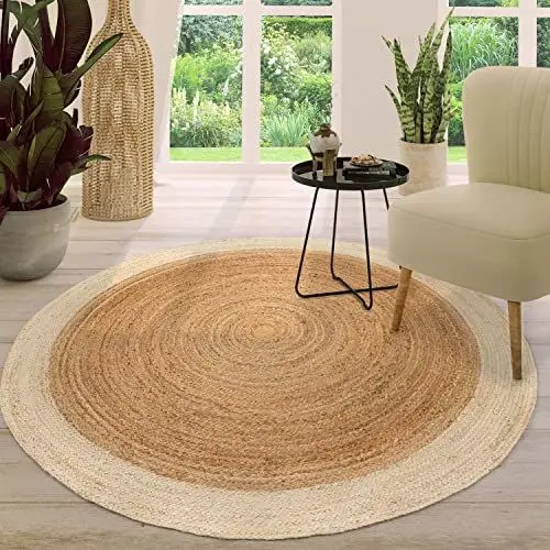Produktbild: TT Home Jute Teppich Rund Wohnzimmer Esszimmer Boho Modern Handgemacht Mit Umrandung, Farbe: Elfenbein, Größe:80 cm Rund