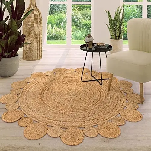 Produktbild: TT Home Jute Teppich Rund Wohnzimmer Esszimmer Boho Modern Handgemacht Mit Umrandung, Farbe: Natur, Größe:80 cm Rund