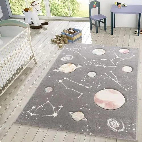 Produktbild: TT Home Kinder-Teppich, Spiel-Teppich Mit Planeten Und Sternen, Für Kinderzimmer In Grau, Größe:140x200 cm