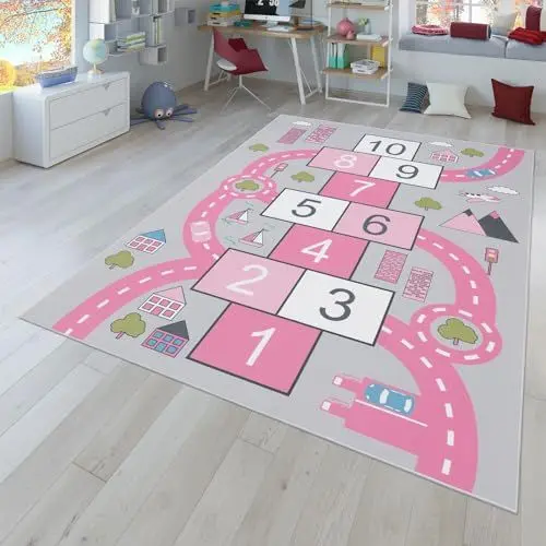 Produktbild: TT Home Kinder-Teppich, Spielteppich Für Kinderzimmer Straßen-Look, Hüpfkästchen, Rosa, Größe:80x150 cm