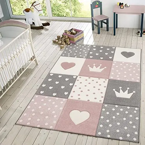 Produktbild: TT Home Kinderteppich Teppich Kinderzimmer Mädchen Kinder 3D Prinzessin Sterne Krone, Farbe:Grau Rosa Creme, Größe:80x150 cm