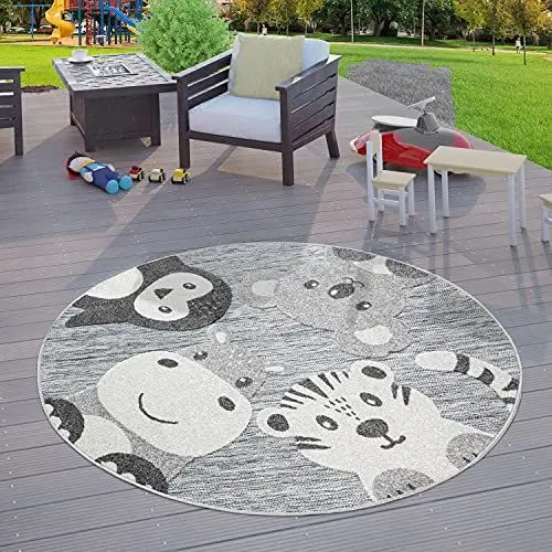 Produktbild: TT Home Kinderzimmer Kinder Outdoor Teppich Rund Spielteppich Tier Design Grau, Größe:Ø 200 cm Rund