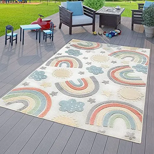 Produktbild: TT Home Kinderzimmer Outdoor Teppich Kinder Spielteppich Regenbogen Design Creme, Größe:Ø 160 cm Rund