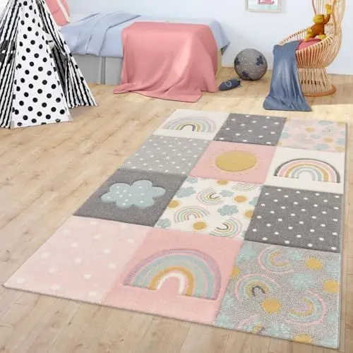 Produktbild: TT Home Kinderzimmer Teppich Kinderteppich Mit Regenbogen Wolken Muster Grau Rosa Creme