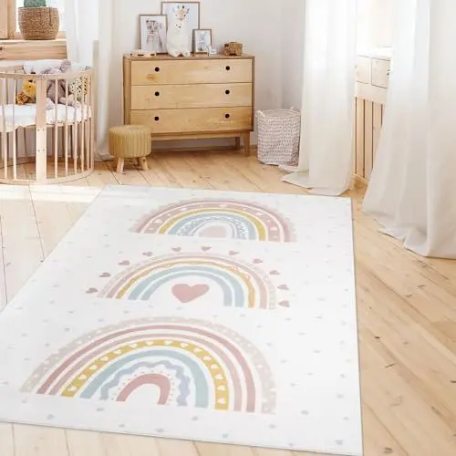 Produktbild: TT Home Kinderzimmerteppich Teppich Junge Mädchen Kinderteppich Baby Herzen Pastell, Farbe:Rosa Beige, Größe:120x160 cm