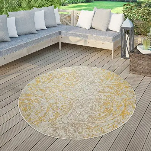 Produktbild: TT Home Moderner Outdoor Teppich Wetterfest Innen & Außenbereich Barock Design In Gelb, Größe:160 cm Rund