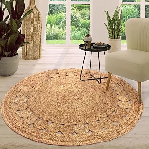 Produktbild: TT Home Jute Teppich Rund Wohnzimmer Esszimmer Boho Modern Handgemacht Mit Umrandung, Farbe: Natur 2, Größe:120 cm Rund