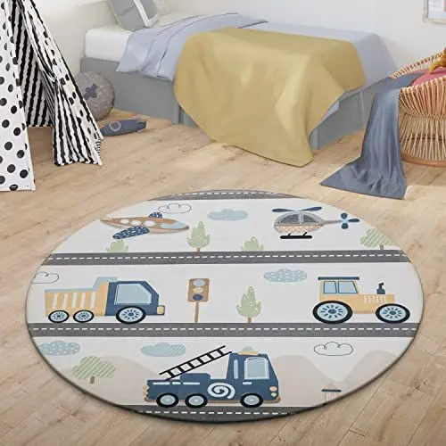 Produktbild: TT Home Teppich Kinder Kinderzimmer Kinderteppich Babymatte Straße Auto Wolke Berg, Farbe: Grau Weiß Gelb, Größe:120 cm Rund