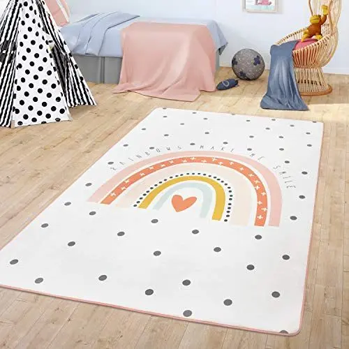Produktbild: TT Home Teppich Kinderzimmer Kinderteppich Babymatte Regenbogen Motiv Mit Herz Design, Farbe:Creme, Größe:120x160 cm