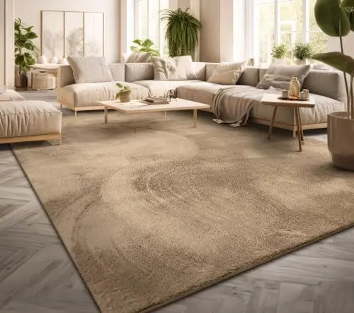 Produktbild: TT Home Teppich Wohnzimmer Kurzflor Anti-Rutsch Rückseite Einfarbiges Design Waschbar, Farbe: Dunkelbeige, Größe:140x200 cm