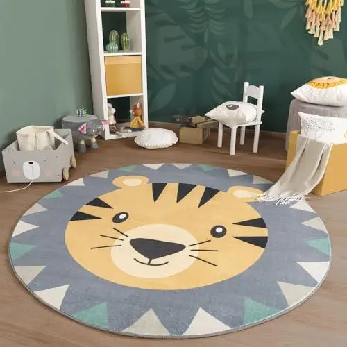 Produktbild: TT Home Waschbarer Kinderteppich Teppich Kinderzimmer Rund Spielteppich Löwe Bär Muster, Farbe:Grau Schwarz Braun, Größe:100 cm Rund