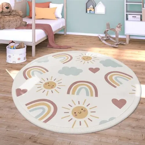 Produktbild: TT Home Waschbarer Teppich Krabbelmatte Babyzimmer Kinder rutschfest Flauschig Punkte, Farbe:Rosa Blau Gelb, Größe:120 cm Rund