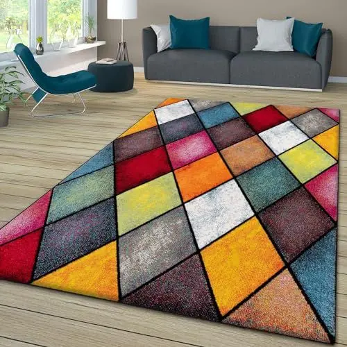 Produktbild: TT Home Wohnzimmer Teppich Bunt Kurzflor Wohnzimmerteppich Meliert 3D Optik Geometrisch, Farbe:Grau Grün Gelb, Größe:80x300 cm