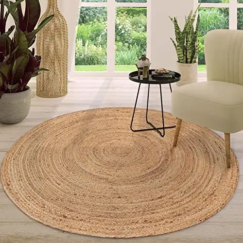 Produktbild: TT Home Jute Teppich Rund Wohnzimmer Esszimmer Boho Modern Handgemacht Mit Umrandung, Farbe: Natur 3, Größe:80 cm Rund