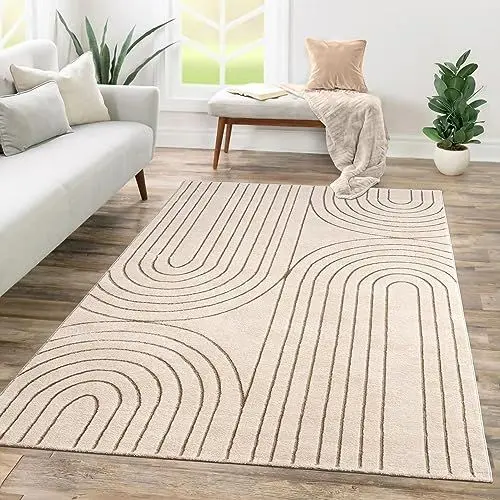 Produktbild: TT Home Wohnzimmer Teppich Kurzflor Geometrisches Design Abstrakte Optik, Farbe:Creme, Größe:120x160 cm