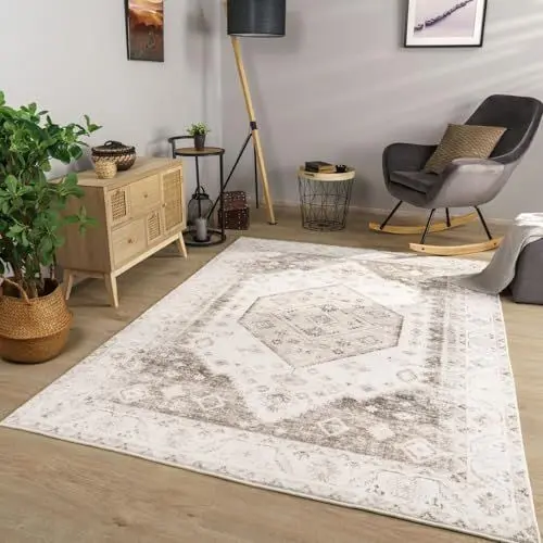 Produktbild: TT Home Wohnzimmer Teppich Kurzflor Wohnzimmerteppich Used Look Ornamente Marokkanisch, Farbe:Beige Creme, Größe:80x150 cm
