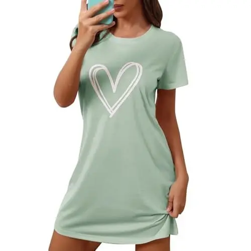 Produktbild: TTFDJG Damen Nachthemd Kurzarm Sleepshirt Schlafshirt Damen Kurzarm Tee Shirt Dresses for Women Damen Nachtkleider Nachthemden Für Damen Sommer Damen Pyjama Kurz Damen Nachthemd Elegant Grün M