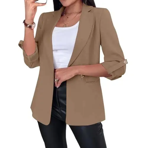 Produktbild: TTFDJG Blazer Damen Sportlich Elegant Herbstjacke mit Kragen Langarm Anzugjacke Casual Blazerjacke Revers Business Büro Frauen Blazer Jacke Einfarbig Damenjacke Open Front Jacket