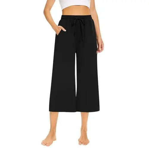 Produktbild: TTFDJG Damen Capri Hosen Sommer 3/4 Leichte Hose Damen Sommer Caprihose Damen Sommer Leicht Leinenhose Damen Weiß Hose Baggy Hose Damen High Waist Damen Freizeithosen Lose Lounge Hose Damen Schwarz L