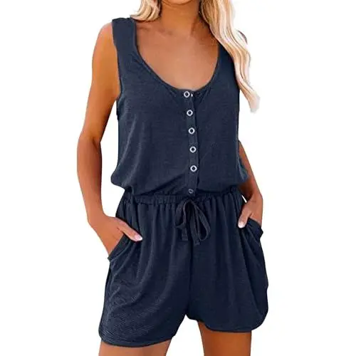 Produktbild: TTFDJG Elegante Latzhose Für Damen Kurze Hose Damen Strand Jumpsuit Damen Sommer Kurz Damen Freizeithosen Lose Overall Damen Spaghettiträger Sommer Shorts Damen Playsuit Damen Sommer Marine