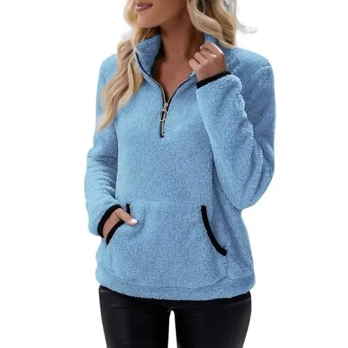 Produktbild: TTFDJG Fleece Pullover Damen Outdoor Flauschige Pulli Warme Sweatshirt Damen Damen-Fleece-Sweatshirt Mit Halbem Reißverschluss Pullover Damen Plüsch Damen Fleecepullover Damen Rolli Langarm Blau M