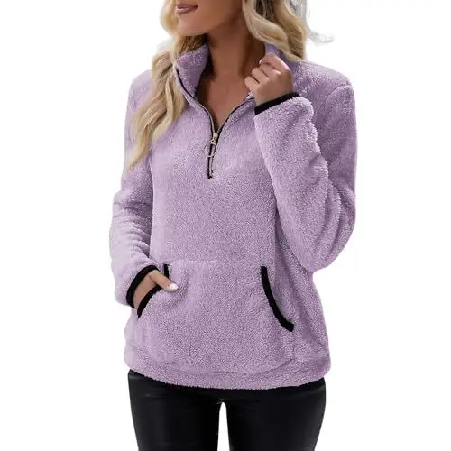 Produktbild: TTFDJG Fleece Pullover Damen Outdoor Plüsch Flauschige Sweatshirt Warm Half Zip Langarm Fleecepullover Rollkragenpullover Lila XL