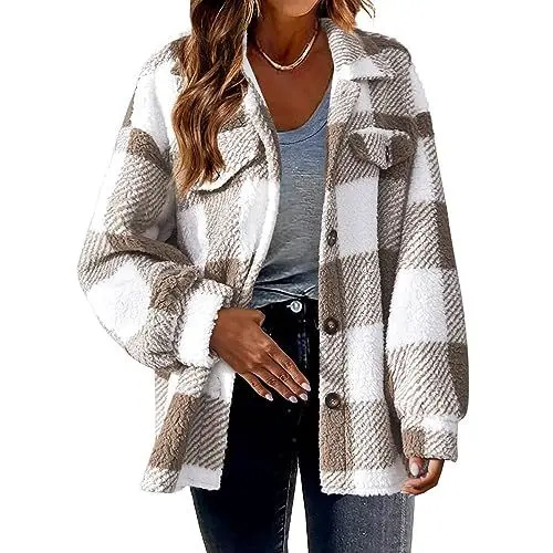 Produktbild: TTFDJG Hemdjacke Damen kariert holzfäller Jacke Karohemd Plaid Shirt Oversized Kariert Herbst Winter Freizeit Karobluse Retro Karo Basic Khaki M