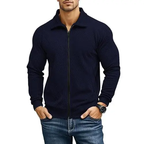 Produktbild: TTFDJG Herren Jacken Übergang Modern Strickjacke Reverskragen Herbstjacke mit Taschen Herrenjacke ohne Kapuze Freizeitjacke Sportlich Übergangsjacke Männer Pullover mit Reissverschluss Jacket Men