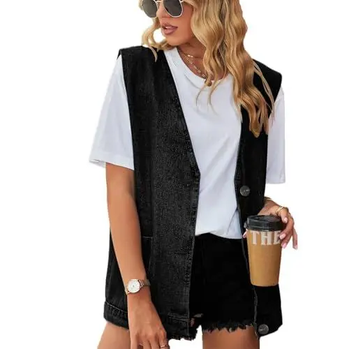 Produktbild: TTFDJG Jeansweste Schwarz Damen Jeansjacke Braut Denim Jacke Damen Kurz Jeanshemd Damen Tailliert Ärmellose Weste Damen Lang Übergangsmantel Damen Frühling Mantel Damen Frühling Elegant Schwarz XL