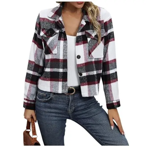 Produktbild: TTFDJG Karierte Druck Wolljacke Damen Übergangsjacke Kurz mit Karomuster Taschen Langarm Hemdjacke Herbst Winter Leichte Crop Oberteile Tops Casual Mantel 2-Schwarz M
