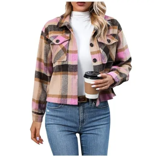 Produktbild: TTFDJG Karierte Jacke Bluse Damen Casual Kurzmantel Revers Langarm Outwear Vordere Leistentaschen Übergangsjacke Crop Oberteile Holzfällerjacke Mode Hemdjacke Einfarbig Coat 2-Rosa S