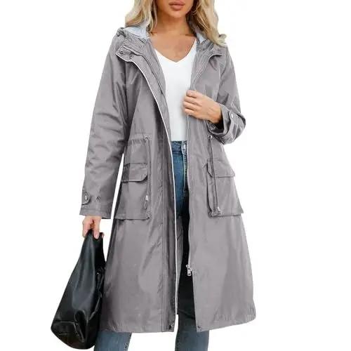 Produktbild: Wintermantel Damen Reduziert,Oversized Jeansjacke Damen Übergangsjacke Damen Elegant Damen Regenjacke Wasserdicht Winddicht Atmungsaktiv Lange Kapuzenjacke Outdoor Übergangsjacke Mit Taschen