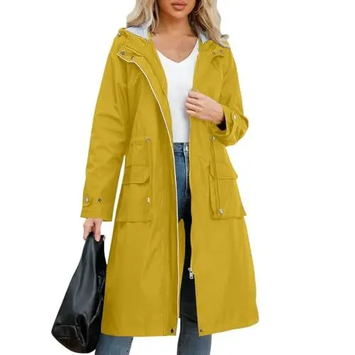 Produktbild: TTFDJG Regenmantel Lang Übergangsmantel Damen Windjacket Damen Outdoorjacke Damen Wasserdicht Atmungsaktiv Wasserdichte Jacke Für Frauen Atmungsaktiv Regenmantel Jacke Damen Leicht Sommer Gelb XL