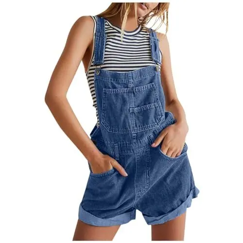 Produktbild: TTFDJG Latzhose Jeans Damen Sommer Arbeitshose Damen Sommerjeanshosen Damen Leicht Damen Freizeithosen Lose Damen Bermuda Shorts Latzhose Orange Damen Jeans Overall Damen Jumpsuit Dunkelblau XXL