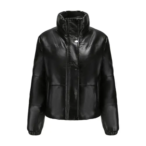 Produktbild: TTFDJG Puffer Jacke Damen Lederjacke Gefüttert Damen Glänzende Daunenjacke Damen Anorak Damen Übergang Winterjacke Damen Kurz Übergangsjacke Damen Steppjacke Winter-Lederjacke Für Damen Schwarz XL