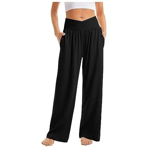 Produktbild: jogginghose damen Stoffhose Damen Elegant Sommer Yogahose Baggy Hose Weite Hose Arbeitshose Wide Leg Pants Locker Palazzo Hose Leicht Strandhose Damen Atmungsaktiv Hose mit Taschen(Schwarz,XL)
