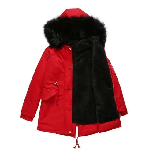 Produktbild: TTFDJG Wintermantel Damen Lang Winterjacke Damen Parka Gefüttert Kunstfelljacke Damen Übergangsjacke Damen Große Größen Warme Winterjacke Damen Lang Damen Jacke Gefüttert Daunenjacke Damen Rot L