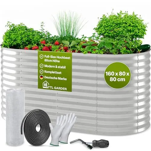 Produktbild: TTL GARDEN 160x80x80cm Spirit M Metall Hochbeet Silber - Stahl rostfrei verzinkt Wellblech ovale Form groß sehr stabil & wetterfest Garten Beet für Gemüse Kräuter Blumen Gartenbeet Gemüsebeet