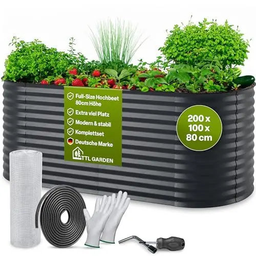 Produktbild: TTL GARDEN 200x100x80cm Inspire L anthrazit Metall Hochbeet - Stahl rostfrei verzinkt & grau lackiert Wellblech ovale Form sehr stabil Garten Beet für Gemüse Kräuter Blumen Gartenbeet Gemüsebeet