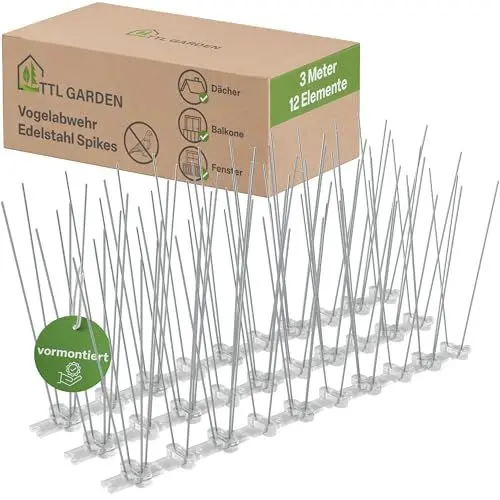 Produktbild: TTL GARDEN 3m Taubenabwehr Spikes Edelstahl - vormontiert rostfrei wetterfest UV-beständig 3 Meter Vogelabwehr Taubenschutz Spikes zur Taubenabwehr Taubenspike für Balkon Balken Dach & Fenster