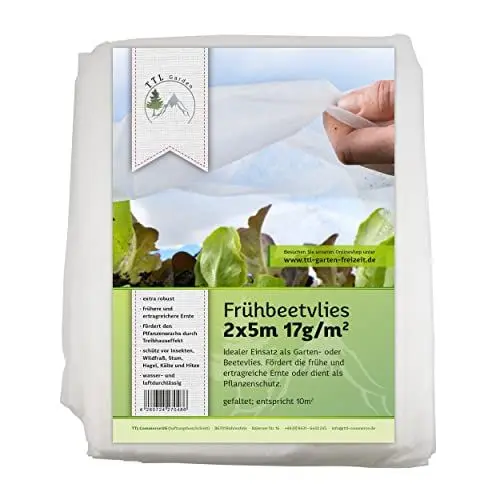 Produktbild: TTL Garden 10m² 2m x 5m Frühbeetvlies 17g/m² - atmungsaktives Wachstumsvlies Hochbeetvlies Frostschutz für Beet Abdeckvlies Insektenschutz Vlies für Beete zum Schutz vor Frost & Schädlingen